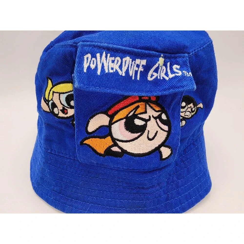 Vintage Powerpuff Girls Bucket Hat Cartoon Network Embroidered Blue Y2K 2000